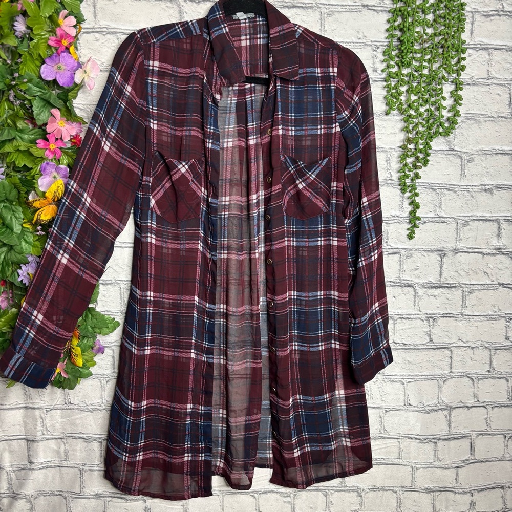 *🌼3/$30🌼Charlotte Russe Plaid Sheer Button Down Top Size Small - Picture 3 of 16